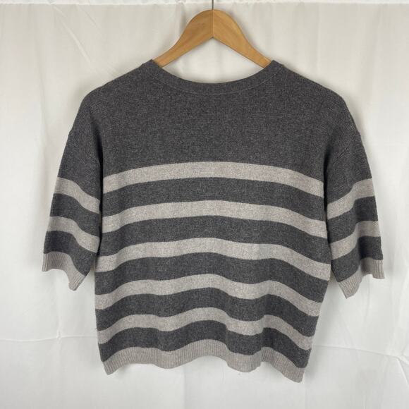 VKOO Women's 100% Cashmere Striped 1/2 Sleeve Blouse Top Shirt Gray Round Neck S - Picture 5 of 7